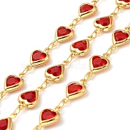 Heart Handmade Brass Glass Link Chains, Real 18K Gold Plated, Soldered, with Spool, Cadmium Free & Lead Free, Crimson, 12.5x7.5x2.5mm(CHC-M024-04G-02)
