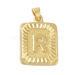 Rack Plating Brass Pendants, Long-Lasting Plated, Lead Free & Cadmium Free, Square with Letter Charms, Letter R, 24x17x2.5mm, Hole: 4x3.5mm(KK-B092-42G-R)