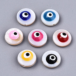 Natural Freshwater Shell Beads, with Enamel, Flat Round with Evil Eye, Mixed Color, 9x4.5mm, Hole: 0.8mm, about 50pcs/bag(SHEL-T018-11)