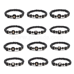 Glass & Natural Lava Rock & Synthetic Hematite Stretch Bracelet Sets, Handmade Lampwork Twelve Constellations Beaded Bracelets, Black, Inner Diameter: 2 inch(5.2cm), 12pcs/set(BJEW-JB09204)