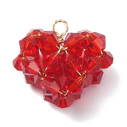 Imitation Austrian Glass Beaded Pendants, with Copper Wire Findings, Heart Charms, Red, 17x18x9mm, Hole: 2mm(PALLOY-TA00047)