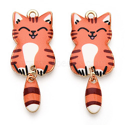 Alloy Enamel Pendants, Golden, Cat Charm, Coral, 39x15.5x2mm, Hole: 2mm(FIND-Q102-12G)