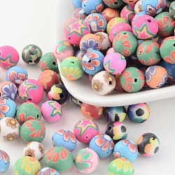 Handmade Flower Pattern Polymer Clay Round Beads, Mixed Color, 8mm, Hole: 1~1.5mm(CLAY-Q172-M)