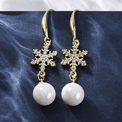 Brass Micro Pave Clear Cubic Zirconia Dangle Earrings, with ABS Imitation Pearl, Rack Plating, Long-Lasting Plated, Lead Free & Cadmium Free, Snowflake & Round, Real 18K Gold Plated, 45x11.5mm(EJEW-F362-05G)