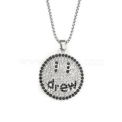 201 Stainless Steel Chain, Zinc Alloy and Rhinestone Pendant Necklaces, Flat Round with Word Drew, Stainless Steel Color, 23.43 inch(59.5cm)(NJEW-C034-21P)