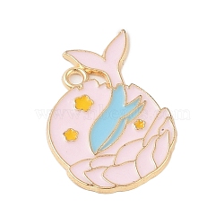 Rack Plating Alloy Pendants, with Enamel, Golden, Flat Round with Fishtail Charm, Pink, 29x21.5x1.5mm, Hole: 2mm(FIND-C059-02G-01)