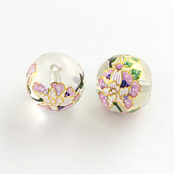 Flower Picture Transparent Glass Round Beads, with Gold Metal Enlaced, Violet, 14x13mm, Hole: 1.5mm(GFB-R004-14mm-U13)