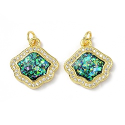 Brass Micro Pave Cubic Zirconia Pendants, with Synthetic Opal and Jump Ring, Flower, Real 18K Gold Plated, 17x16x3.5mm, Hole: 3.5mm(KK-A197-15G)