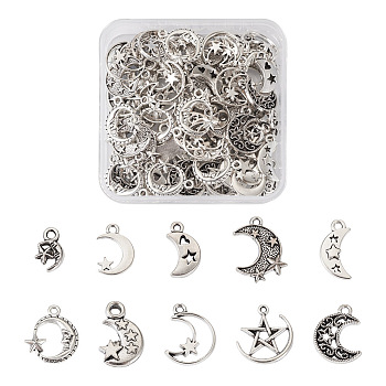 100Pcs 10 Style Tibetan Style Alloy Pendants, Moon with Star, Antique Silver, 17~22x7~18x1~3.5mm, Hole: 1.4~3mm, 10pcs/style