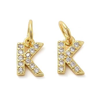 Brass Micro Pave Cubic Zirconia Pendants, with Jump Ring, Letter K, 8~9x4.5~9.5x1.5mm, Hole: 3.6mm