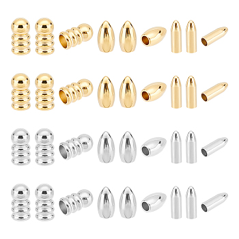 36Pcs 6 Style 201 & 304 Stainless Steel Cord End, End Caps, Column & Horse Eye & Bullet, Real 24K Gold Plated & Stainless Steel Color, 7~8x2.5~4.5mm, Hole: 2~3mm, 6Pcs/style