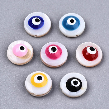 Natural Freshwater Shell Beads, with Enamel, Flat Round with Evil Eye, Mixed Color, 9x4.5mm, Hole: 0.8mm, about 50pcs/bag
