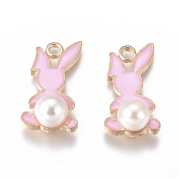 Alloy Enamel Pendants, with Glass Imitation Pearl, Rabbit, Golden, Pink, 25x18x8.5mm, Hole: 2.5mm
