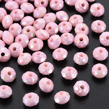 Opaque Acrylic Beads, AB Color Plated, Faceted Rondelle, Pink, 6mm, Hole: 1.5mm, about 6200pcs/500g.