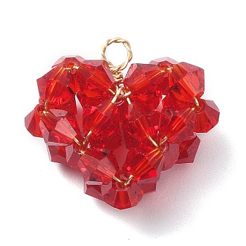 Imitation Austrian Glass Beaded Pendants, with Copper Wire Findings, Heart Charms, Red, 17x18x9mm, Hole: 2mm