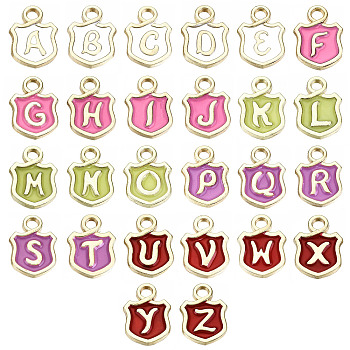 26Pcs 26 Style Alloy Enamel Charms, Cadmium Free & Lead Free, Token with Initial Letters, Light Gold, Letter A~Z, 14x10x2mm, Hole: 2mm, 1pc/style