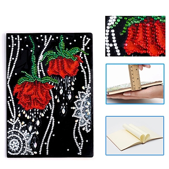 DIY Diamond Painting Notebook Kits, including PU Leather Book, Resin Rhinestones, Diamond Sticky Pen, Tray Plate and Glue Clay, Rose Pattern, 210x150mm, 50 pages/book