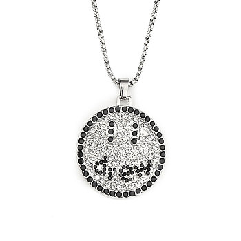 201 Stainless Steel Chain, Zinc Alloy and Rhinestone Pendant Necklaces, Flat Round with Word Drew, Stainless Steel Color, 23.43 inch(59.5cm)