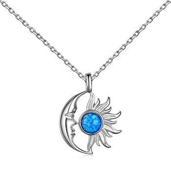 Moon & Sun Rhodium Plated 925 Sterling Silver Pendant Necklaces, with Synthetic Opal, Real Platinum Plated, 15.87 inch(40.3cm)