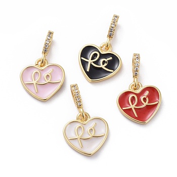 Cubic Zirconia Charms, with Brass Findings and Enamel, Heart, Golden, Mixed Color, 12x11.5x2mm, Hole: 2x3.5mm