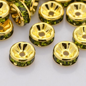 Brass Rhinestone Spacer Beads, Grade A, Straight Flange, Golden Metal Color, Rondelle, Olivine, 6x3mm, Hole: 1mm