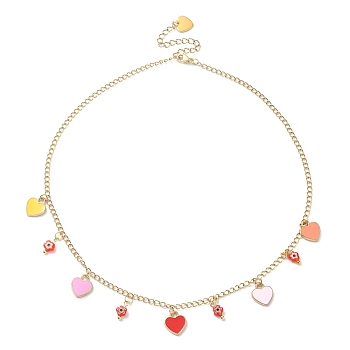 Alloy Heart & Millefiori Glass Flower Bib Necklace with Ion Plating(IP) Handmade 304 Stainless Steel Chains, Colorful, 15.87 inch(40.3cm)