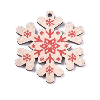 Poplar Wood Pendants, Snowflake, for Christmas, Dyed, BurlyWood, 50x44x2.5mm, Hole: 3mm