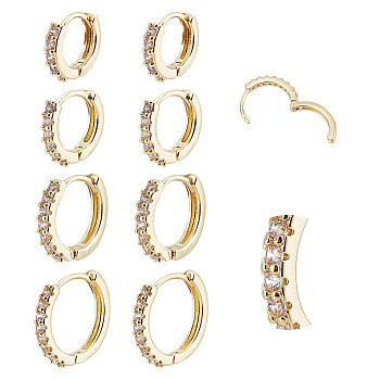 8Pcs 4 Styles Brass Clear Cubic Zirconia Hoop Earrings, Flat Round, Golden, 10~16x2mm