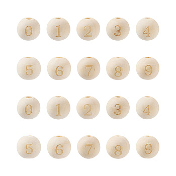 Craftdady 100Pcs 10 Styles Unfinished Natural Wood European Beads, Large Hole Beads, Laser Engraved Pattern, Round with Number, Mixed, 15~16x14~15mm, Hole: 4mm, 10pcs/style