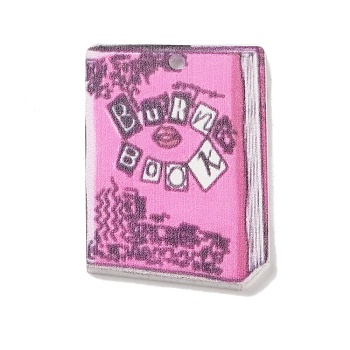Acrylic Pendants, Hot Pink Theme, Book, 33.5x24.5x2.5mm, Hole: 1.8mm