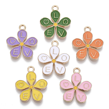 Alloy Enamel Pendants, Flower with Words Love, Light Gold, Mixed Color, 22x19x2mm, Hole: 2mm