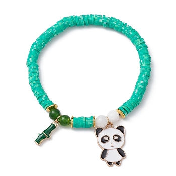Polymer Clay Disc & Natural Malaysia Jade & TaiWan Jade Beaded Stretch Bracelet, with Alloy Enamel Panda & Bamboo Charms, Green, Wide: 6mm, Inner Diameter: 2-1/8 inch(5.25cm)