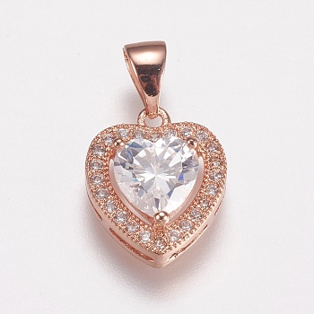 Brass Micro Pave Cubic Zirconia Charms, Heart, Clear, Rose Gold, 14x12x5mm, Hole: 3x5mm