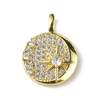 Rack Plating Brass Micro Pave Cubic Zirconia Pendants, Flat Round with Star Charm, Cadmium Free & Lead Free, Long-Lasting Plated, Real 18K Gold Plated, 22x16x4mm, Hole: 4x2mm