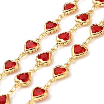 Heart Handmade Brass Glass Link Chains, Real 18K Gold Plated, Soldered, with Spool, Cadmium Free & Lead Free, Crimson, 12.5x7.5x2.5mm