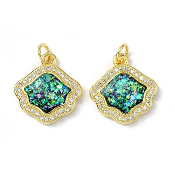 Brass Micro Pave Cubic Zirconia Pendants, with Synthetic Opal and Jump Ring, Flower, Real 18K Gold Plated, 17x16x3.5mm, Hole: 3.5mm