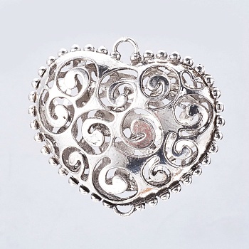 Tibetan Style Hollow Pendants, Alloy Vintage Heart Pendants, Antique Silver, 50x58x18mm, Hole: 4mm
