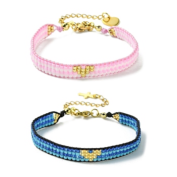 2Pcs 2 Colors Glass Seed Beaded Bracelet Sets, Heart Stackable Bracelets for Women, Mixed Color, 9-1/8 inch(23.1cm), 1pc/color