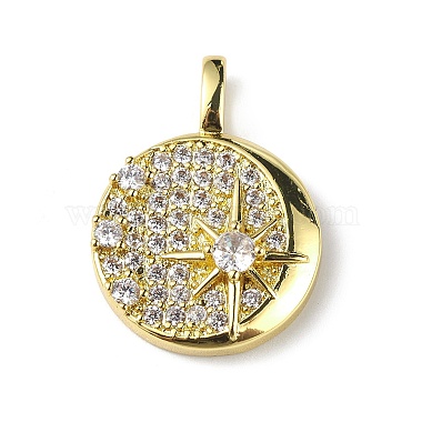 Real 18K Gold Plated Clear Flat Round Brass+Cubic Zirconia Pendants