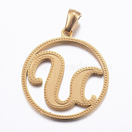 Ion Plating(IP) 304 Stainless Steel Pendants, Flat Round with Letter, Golden, Letter.U, 28x25x1.2mm, Hole: 6x3.5mm(STAS-K162-074G)