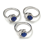 Natural Lapis Lazuli Adjustable Rings, with Platinum Brass Findings, Long-Lasting Plated, Jewely for Women, Moon with Round, US Size 8(18.1mm).(RJEW-K269-09P-05)