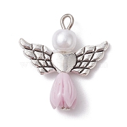 Resin Imitation Pearl Pendants, Rose Angel Charms with Antique Silver Plated Alloy Heart Wings, Thistle, 23.5~24x21.5x7mm, Hole: 1.8~2.2mm(PALLOY-JF02566-04)