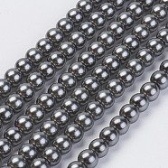 Eco-Friendly Glass Pearl Beads Strands, Grade A, Round, Dyed, Cotton Cord Threaded, Gray, 8mm, Hole: 1.2~1.5mm, about 52pcs/strand, 15.7 inch(HY-A008-8mm-RB053)