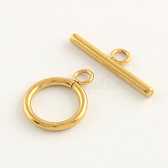 304 Stainless Steel Ring Toggle Clasps, Real 24K Gold Plated, Ring: 19x14x2mm, Hole: 3mm, Bar: 24.5x7x2.5mmm, Hole: 3mm(X-STAS-Q179-01G)