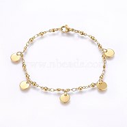 304 Stainless Steel Charm Bracelets, with Lobster Claw Clasps, Flat Round, Golden, 8-1/4 inch(21cm), 3mm(X-BJEW-H579-15G)