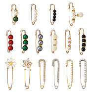 16Pcs Alloy Safety Pinks, Plastic & Rhinestone & Resin Beads Brooches for Women, Light Gold, Mixed Color, 38~80x11~8x3~12mm, 1Pc/style(JEWB-KS0001-07)