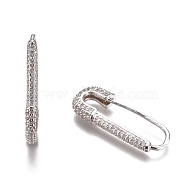 Brass Hoop Earrings, with Rhinestone, Safety Pin Shape, Platinum, Clear, 26~26.5x10~11x3mm, Pin: 0.8mm(EJEW-K085-03P)