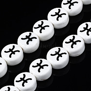 Handmade Porcelain Ceramic Beads Strands, Printed, Flat Round with Constellation, Pisces, 10~11x5mm, Hole: 2mm, about 30pcs/strand, 11.81 inches(30cm)(PORC-S502-032D)