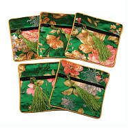 Retro Square Cloth Zipper Pouches, with Tassel and  Flower Pattern, Green, 11.5x11.5cm(CON-PW0001-095L)