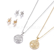 304 Stainless Steel Jewelry Sets, Brass Micro Pave Cubic Zirconia Pendant Necklaces and 304 Stainless Stud Earrings, with Plastic Ear Nuts/Earring Back, Flat Round with Butterfly, Clear, Golden & Stainless Steel Color, 17.72 inch(45cm), 1.5mm, 15x5.5mm, Pin: 0.7mm(SJEW-F214-06)